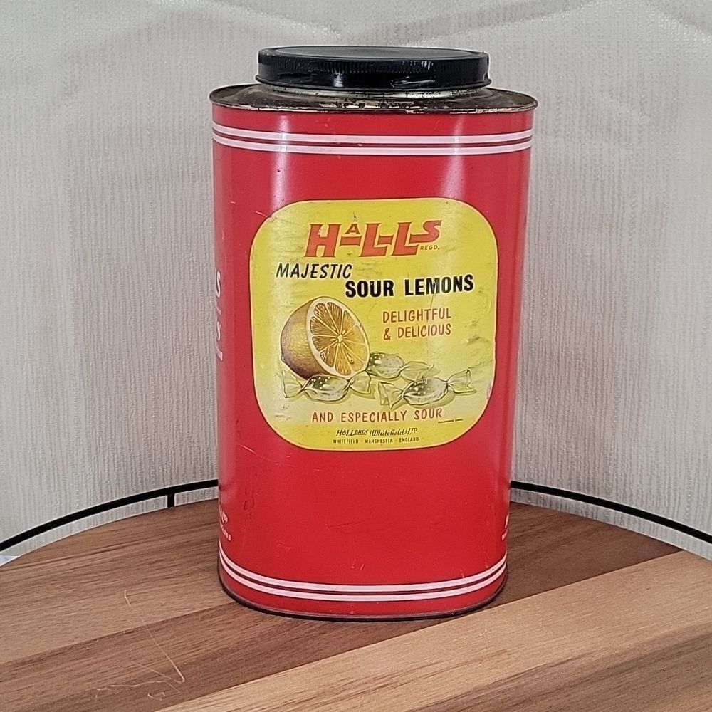 Halls Majestic Sour Lemons Vintage Advertising Tin Can Farmhouse Decor